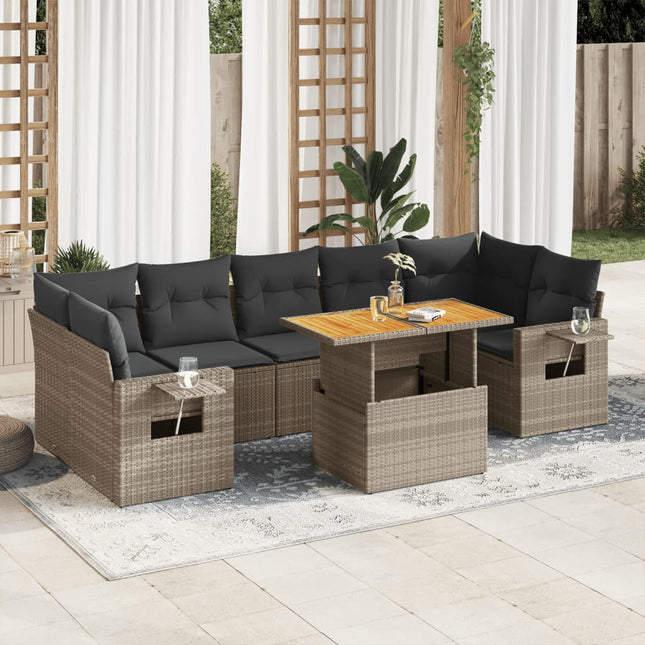 8-delige Loungeset met kussens poly rattan grijs