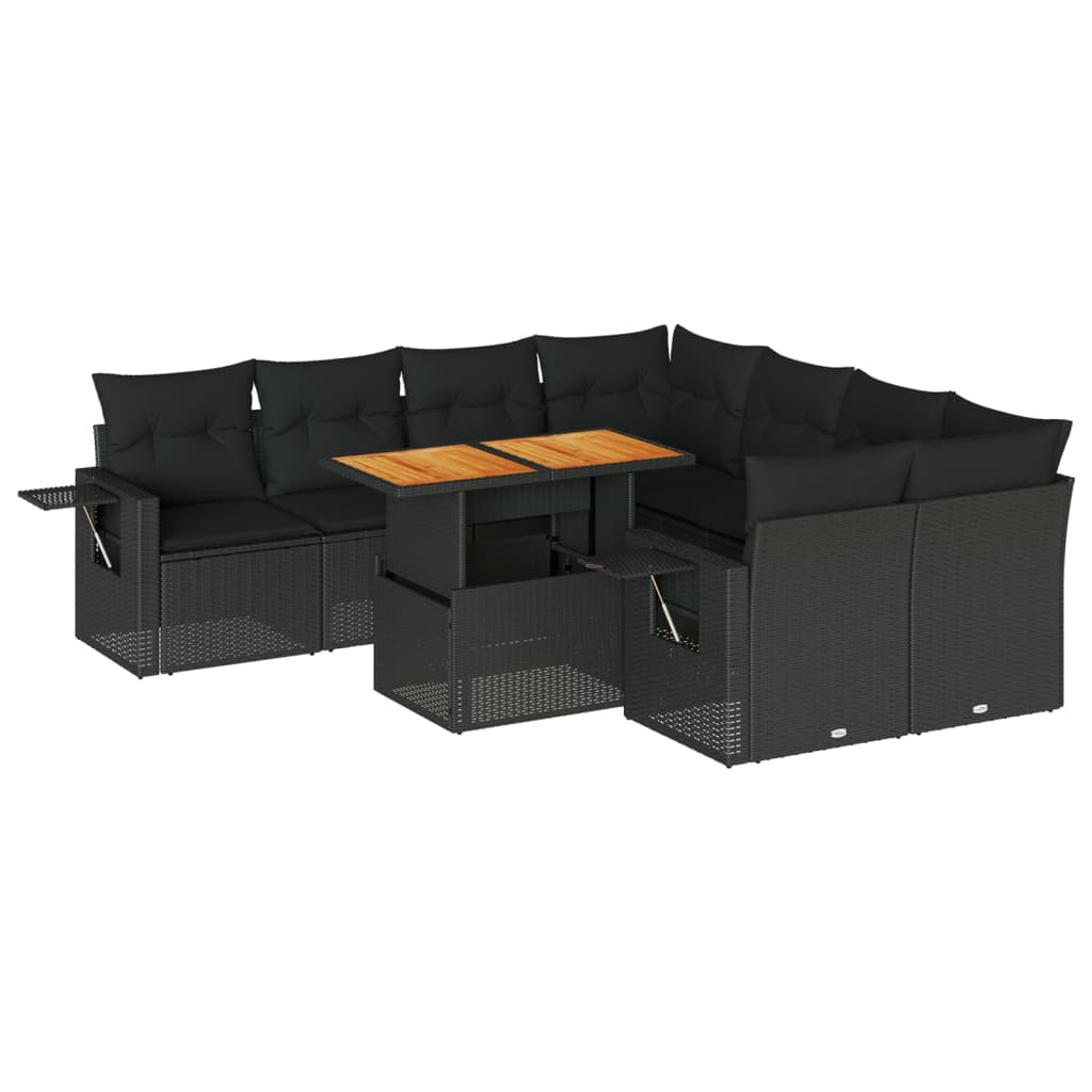 9-delige Loungeset met kussens poly rattan zwart