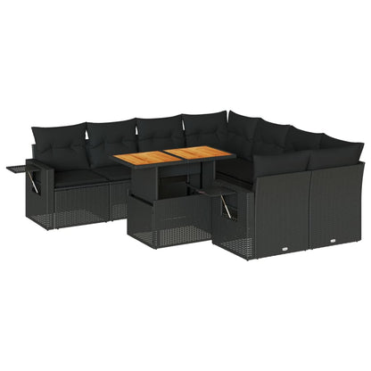9-delige Loungeset met kussens poly rattan zwart