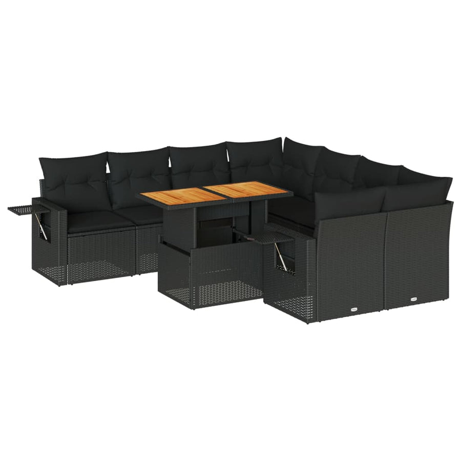 9-delige Loungeset met kussens poly rattan zwart