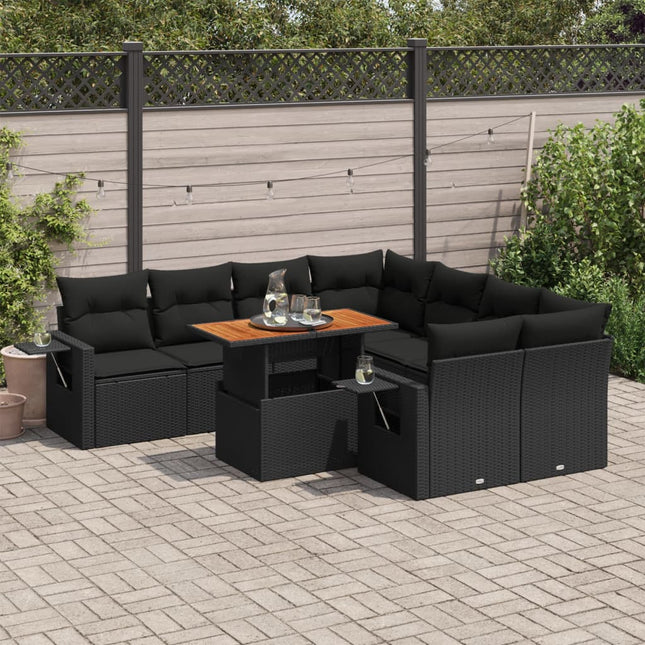 9-delige Loungeset met kussens poly rattan zwart