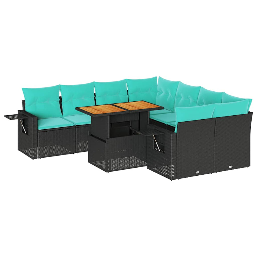 9-delige Loungeset met kussens poly rattan zwart