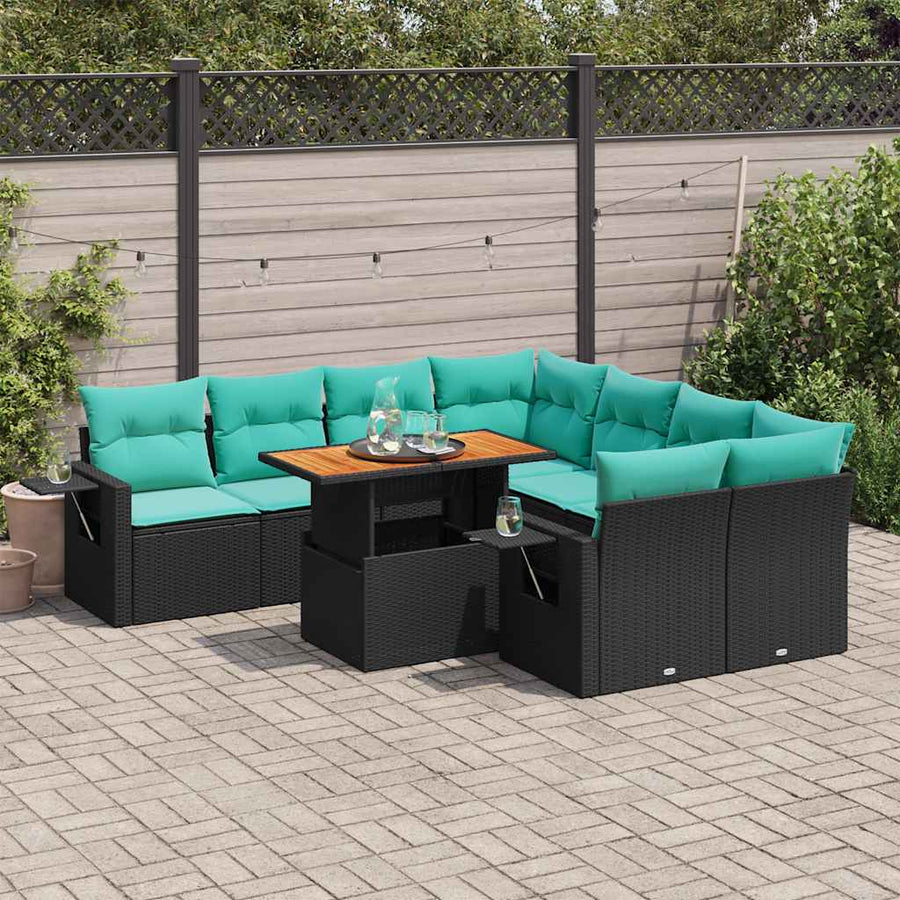9-delige Loungeset met kussens poly rattan zwart