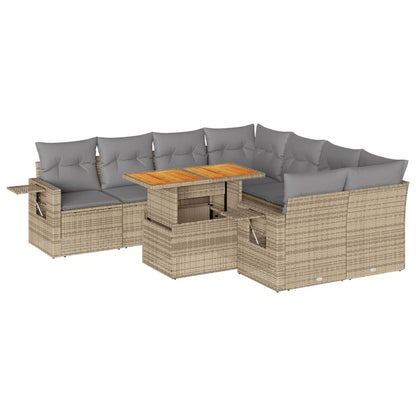 9-delige Loungeset met kussens poly rattan beige