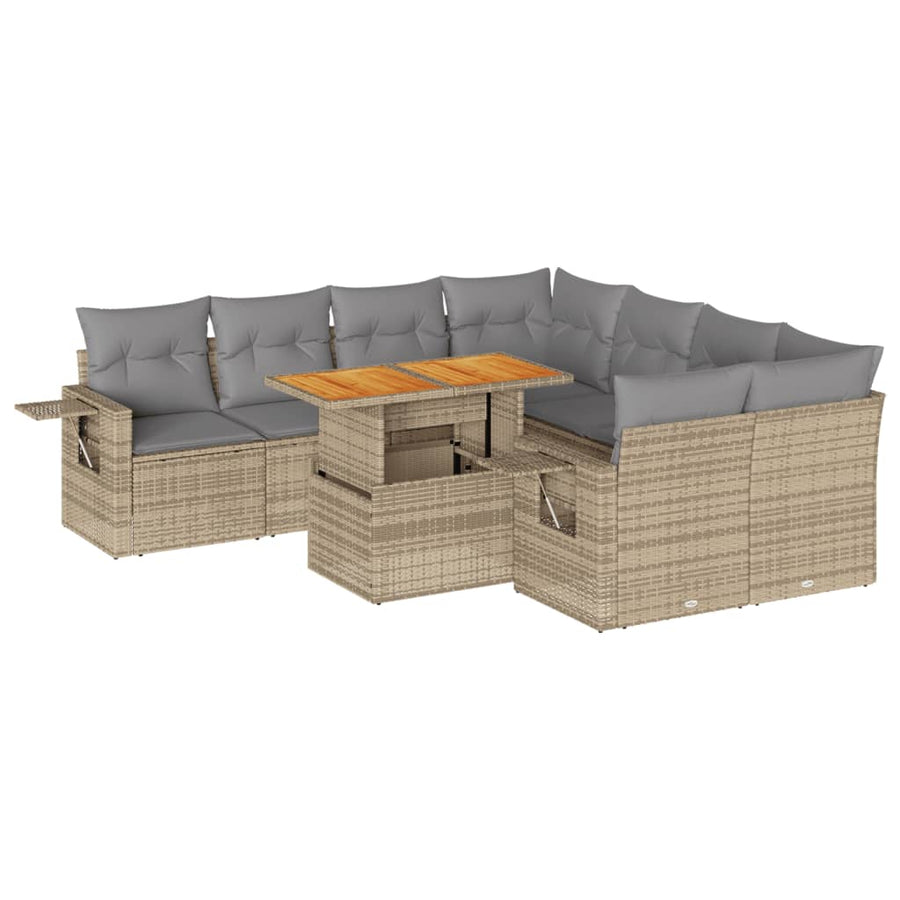 9-delige Loungeset met kussens poly rattan beige