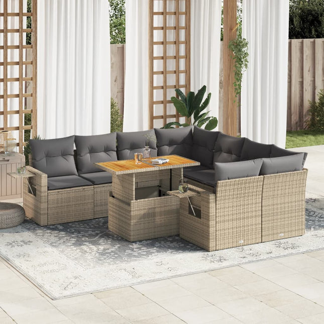 9-delige Loungeset met kussens poly rattan beige