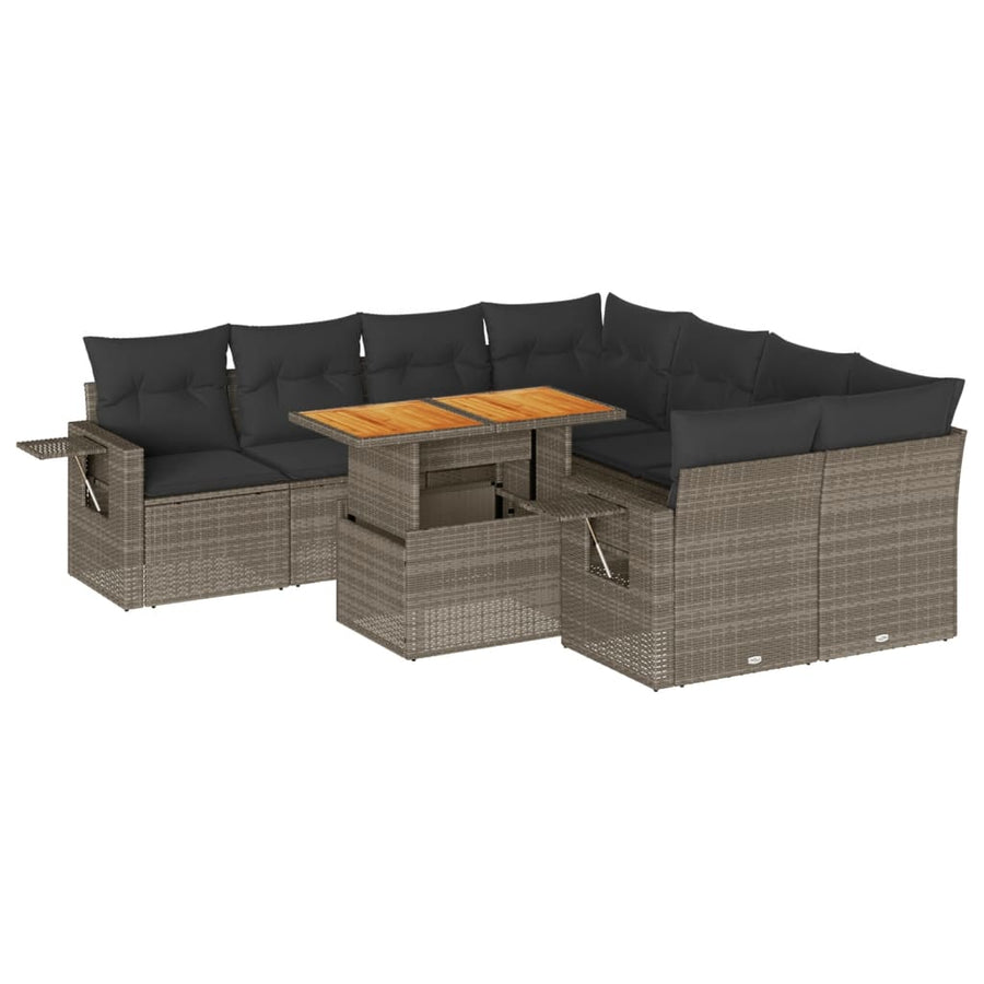 9-delige Loungeset met kussens poly rattan grijs