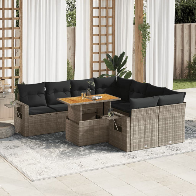 9-delige Loungeset met kussens poly rattan grijs