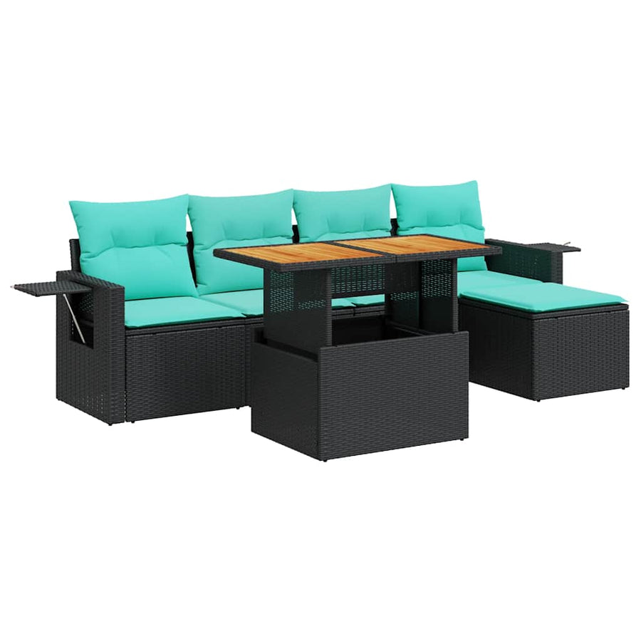 6-delige Loungeset met kussens poly rattan zwart