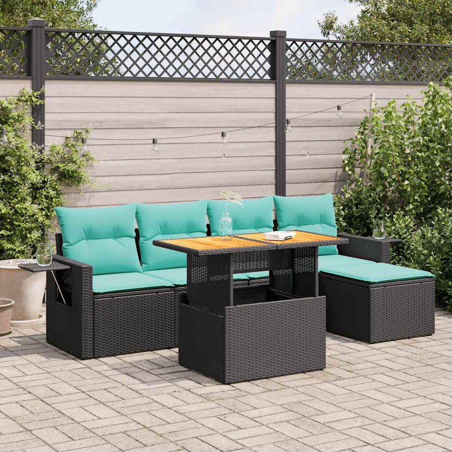6-delige Loungeset met kussens poly rattan zwart
