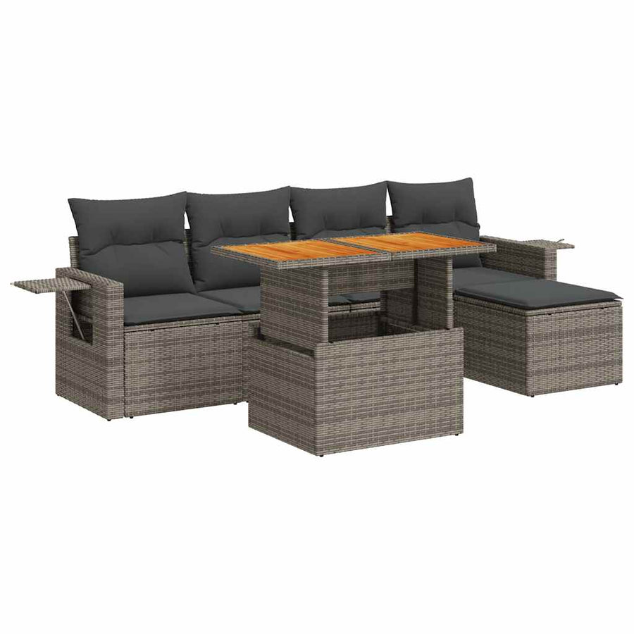 6-delige Loungeset met kussens poly rattan grijs