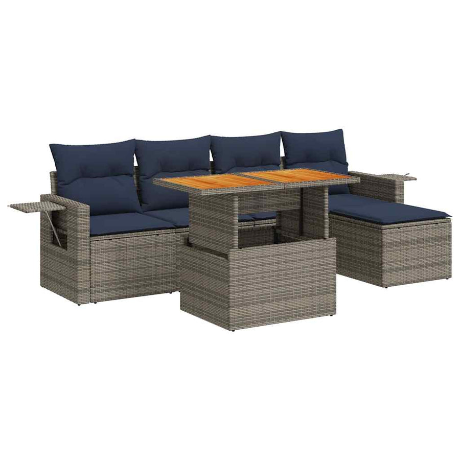 6-delige Loungeset met kussens poly rattan grijs
