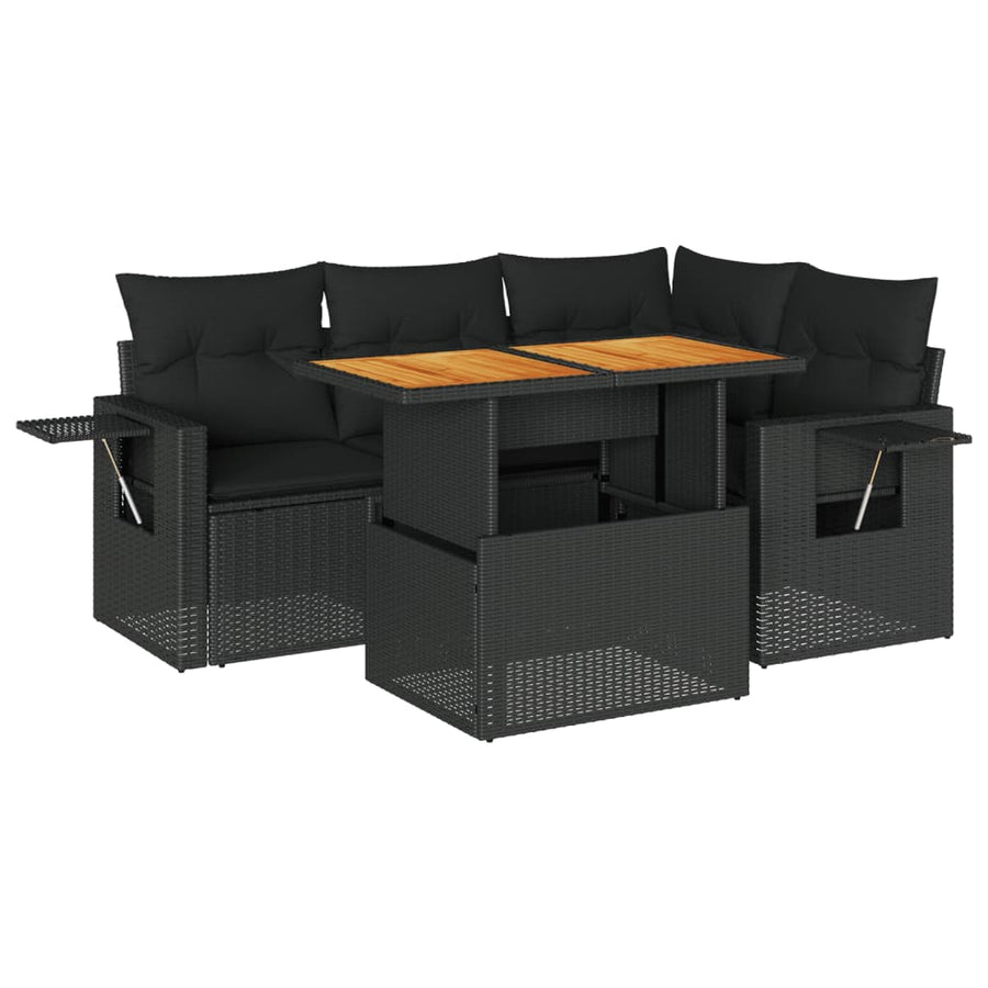 5-delige Loungeset met kussens poly rattan zwart