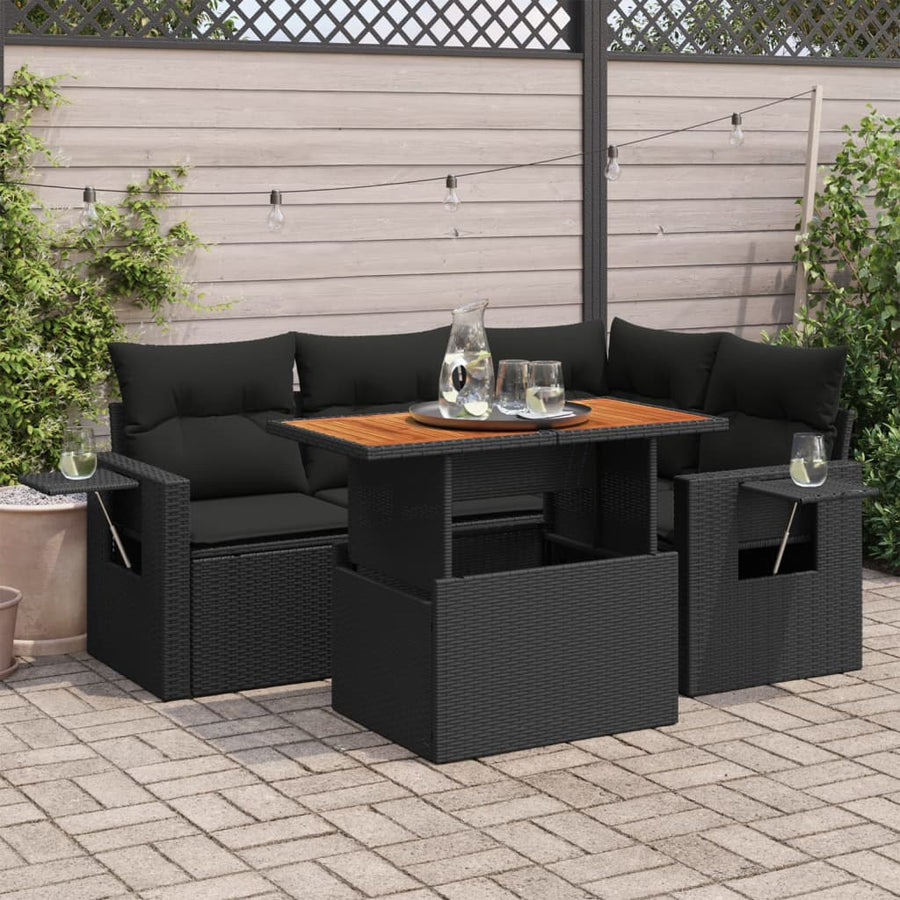 5-delige Loungeset met kussens poly rattan zwart