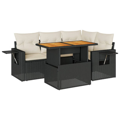 5-delige Loungeset met kussens poly rattan zwart