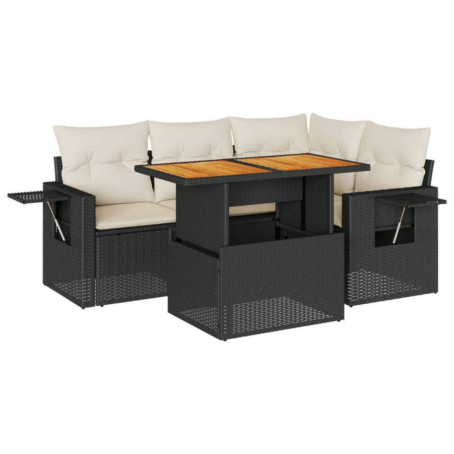 5-delige Loungeset met kussens poly rattan zwart