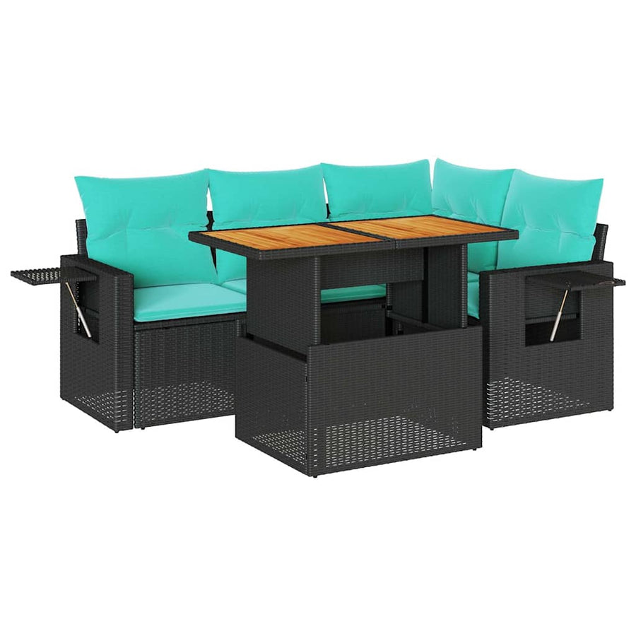 5-delige Loungeset met kussens poly rattan zwart