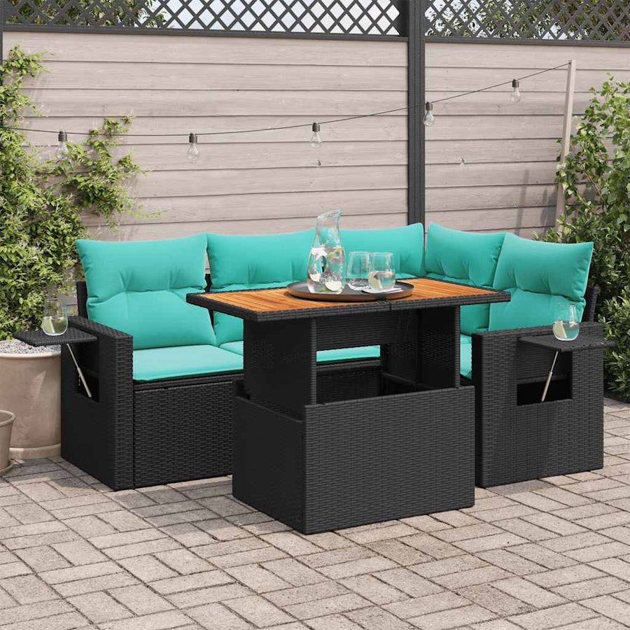 5-delige Loungeset met kussens poly rattan zwart