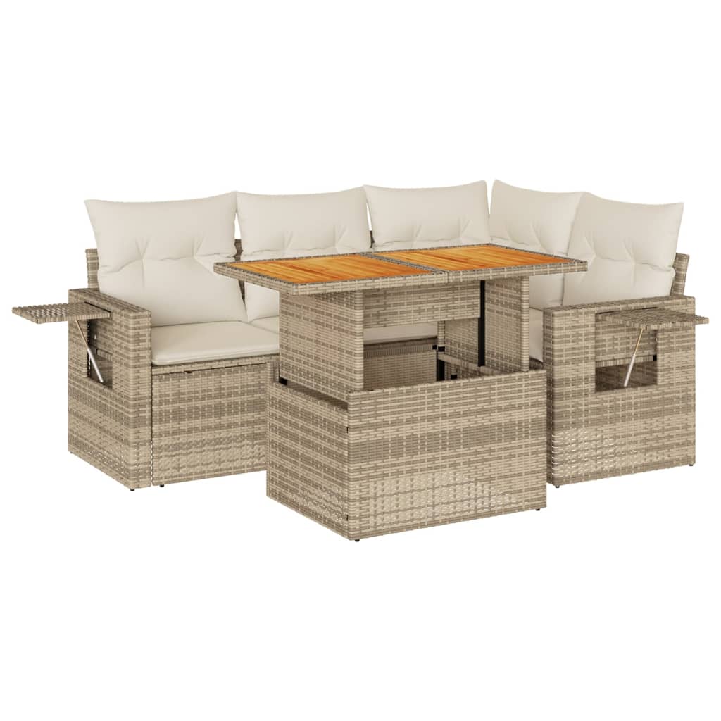 5-delige Loungeset met kussens poly rattan beige
