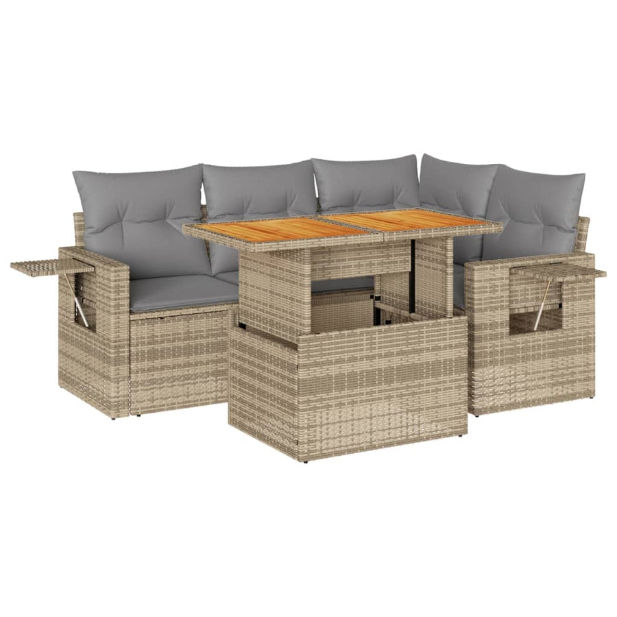 5-delige Loungeset met kussens poly rattan beige