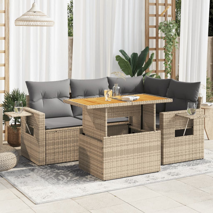 5-delige Loungeset met kussens poly rattan beige