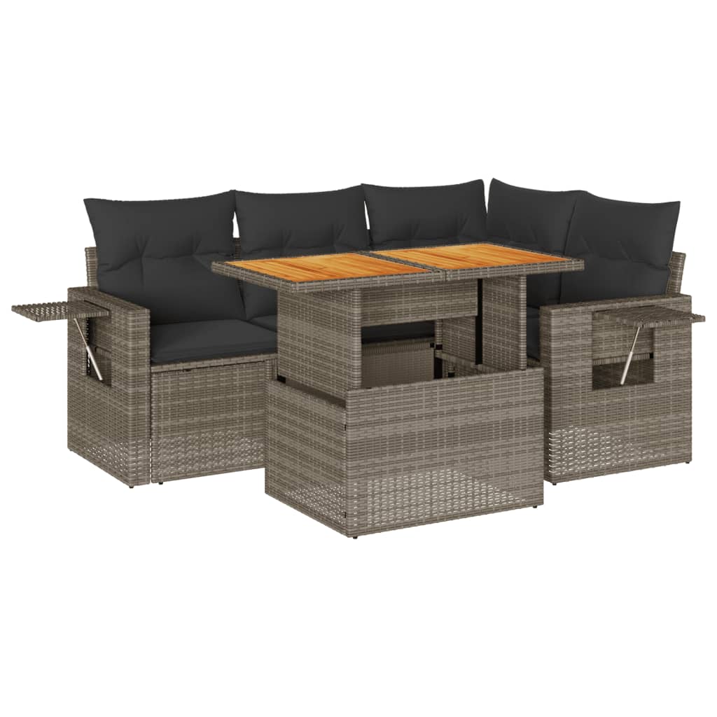 5-delige Loungeset met kussens poly rattan grijs