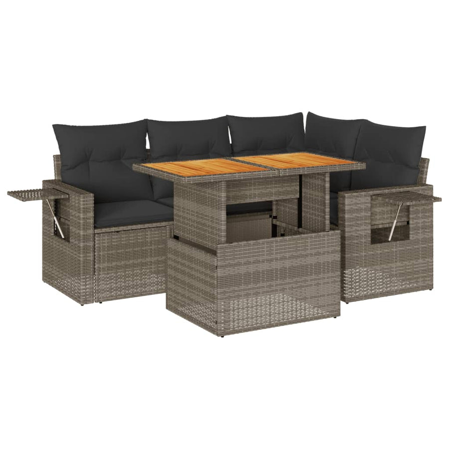 5-delige Loungeset met kussens poly rattan grijs
