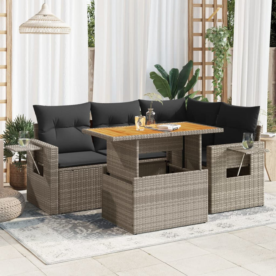 5-delige Loungeset met kussens poly rattan grijs