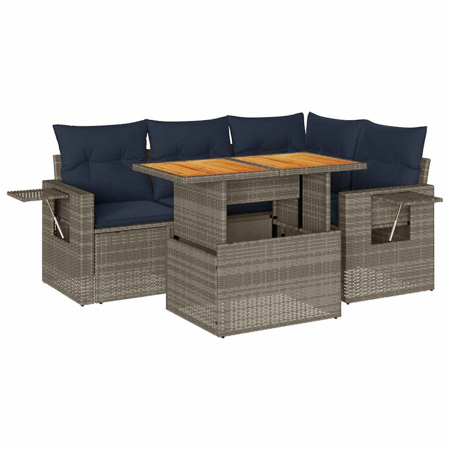 5-delige Loungeset met kussens poly rattan grijs