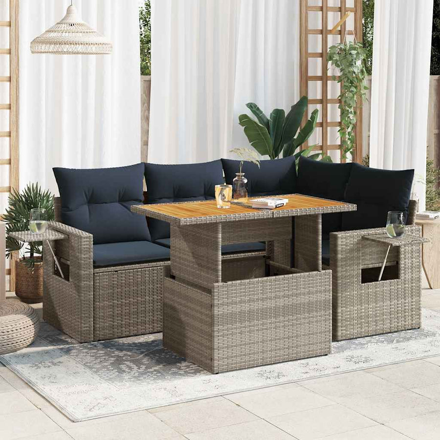 5-delige Loungeset met kussens poly rattan grijs