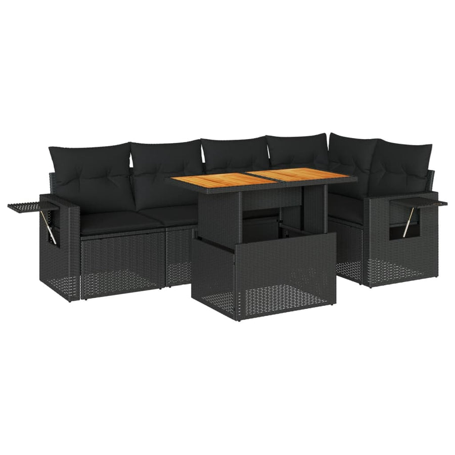 6-delige Loungeset met kussens poly rattan zwart