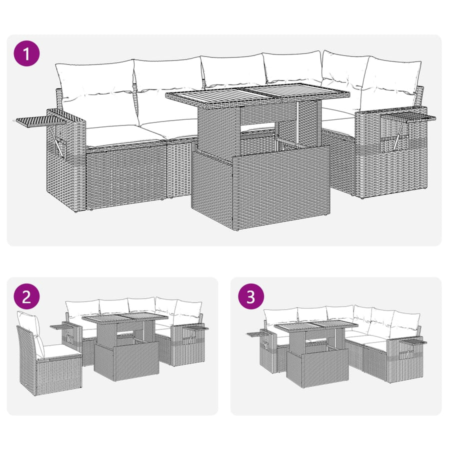 6-delige Loungeset met kussens poly rattan zwart