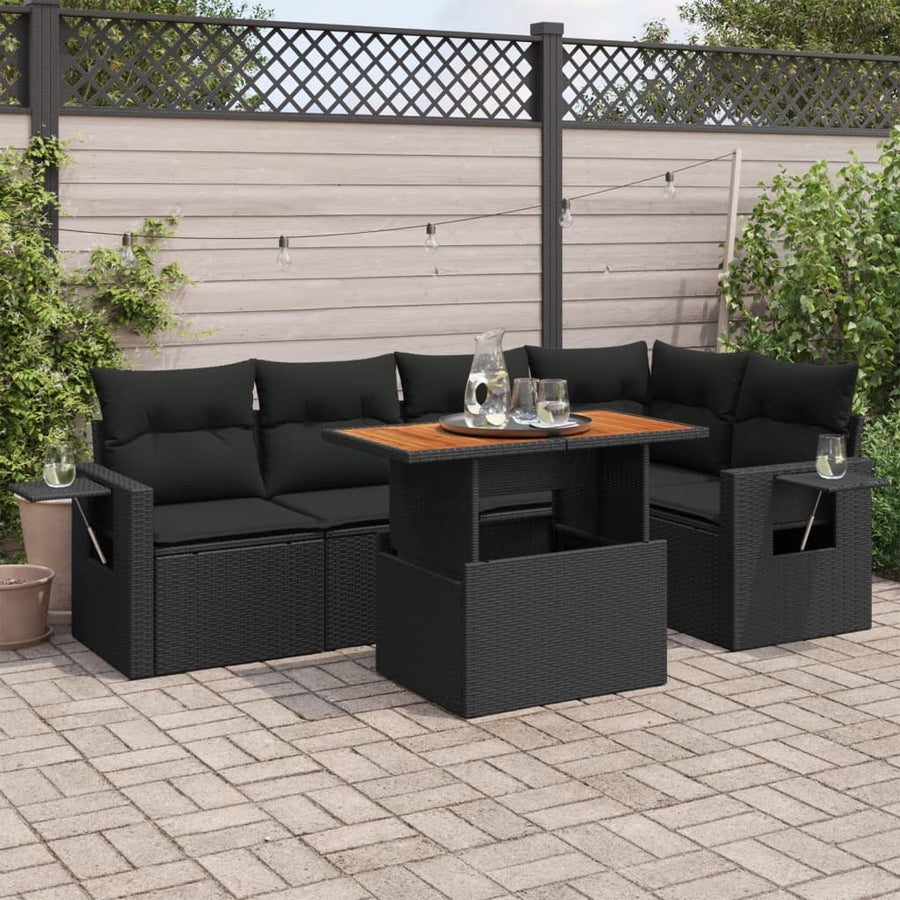 6-delige Loungeset met kussens poly rattan zwart