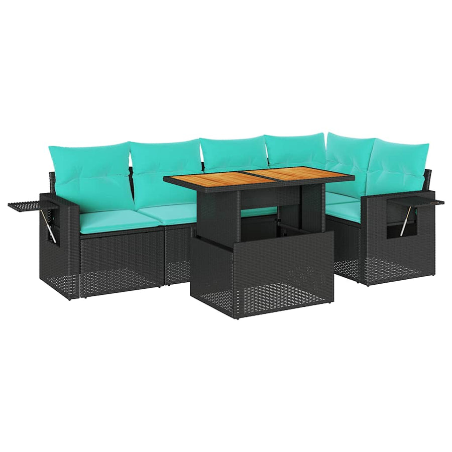 6-delige Loungeset met kussens poly rattan zwart