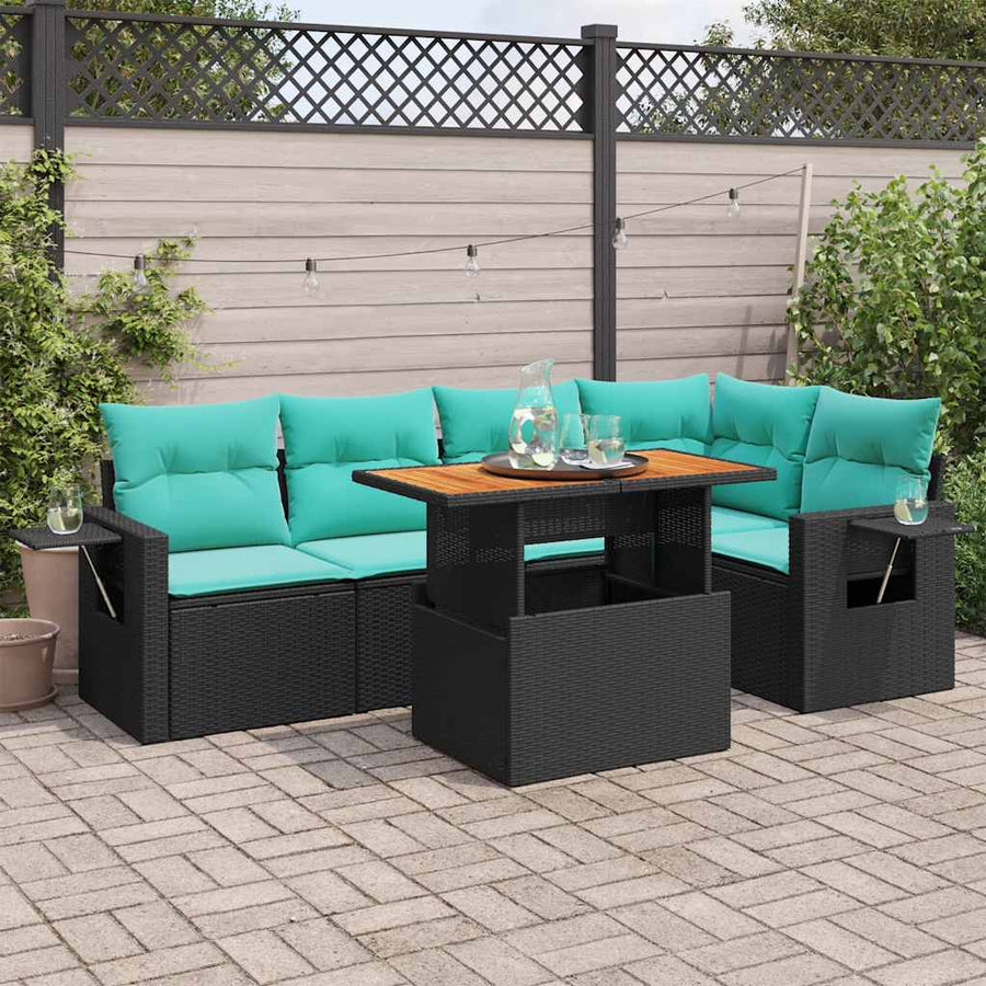 6-delige Loungeset met kussens poly rattan zwart