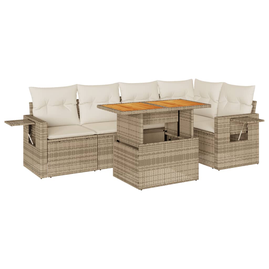 6-delige Loungeset met kussens poly rattan beige