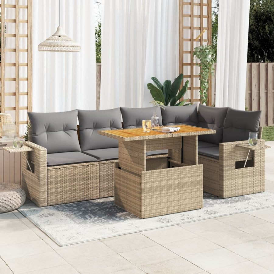 6-delige Loungeset met kussens poly rattan beige