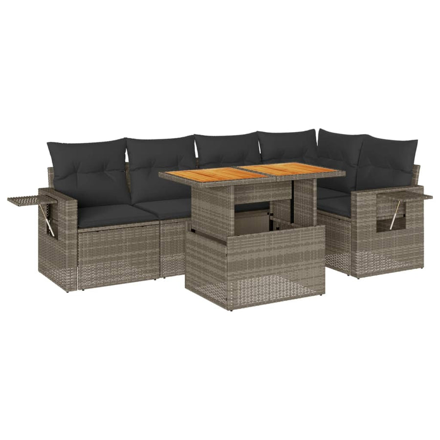 6-delige Loungeset met kussens poly rattan grijs