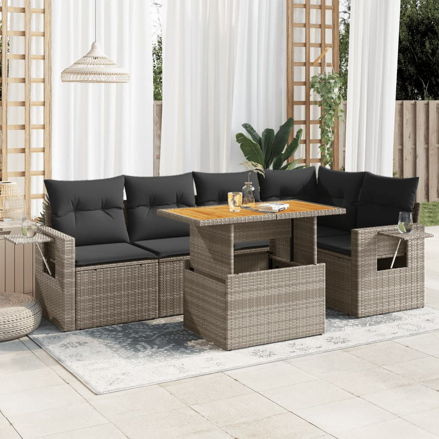 6-delige Loungeset met kussens poly rattan grijs