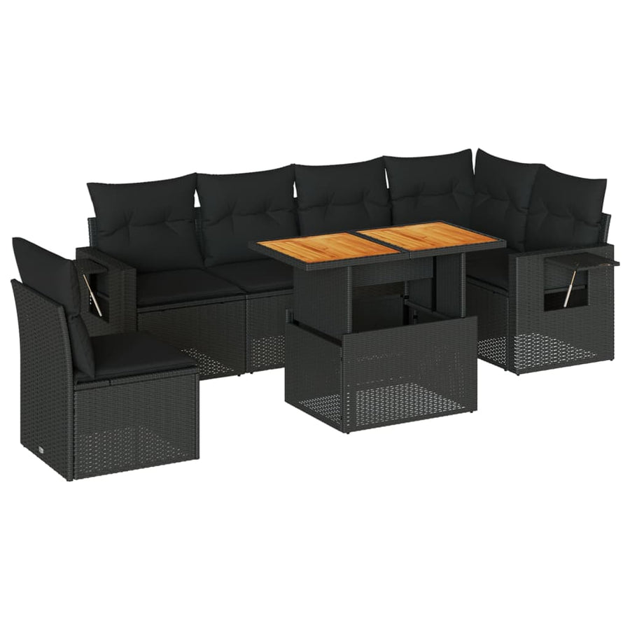 7-delige Loungeset met kussens poly rattan zwart