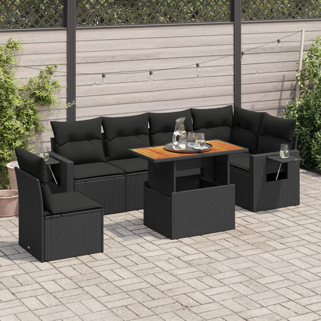 7-delige Loungeset met kussens poly rattan zwart