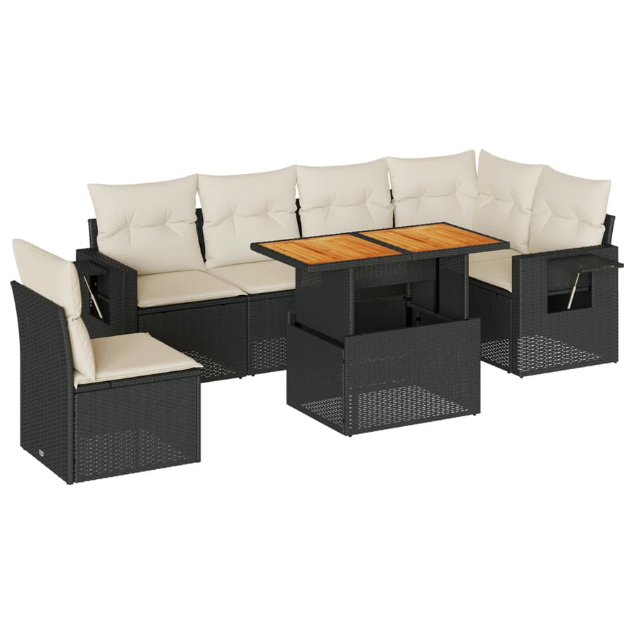 7-delige Loungeset met kussens poly rattan zwart