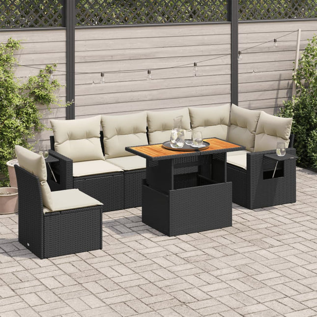 7-delige Loungeset met kussens poly rattan zwart