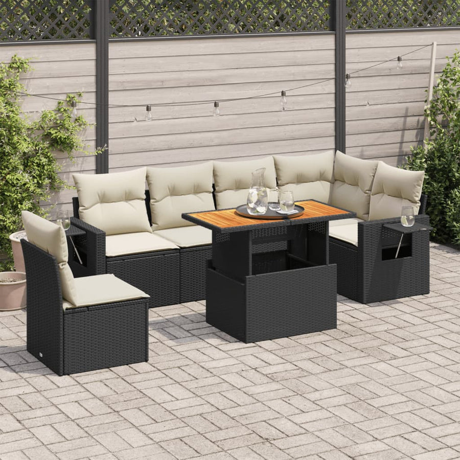 7-delige Loungeset met kussens poly rattan zwart