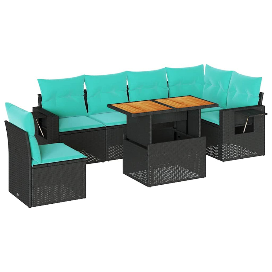 7-delige Loungeset met kussens poly rattan zwart