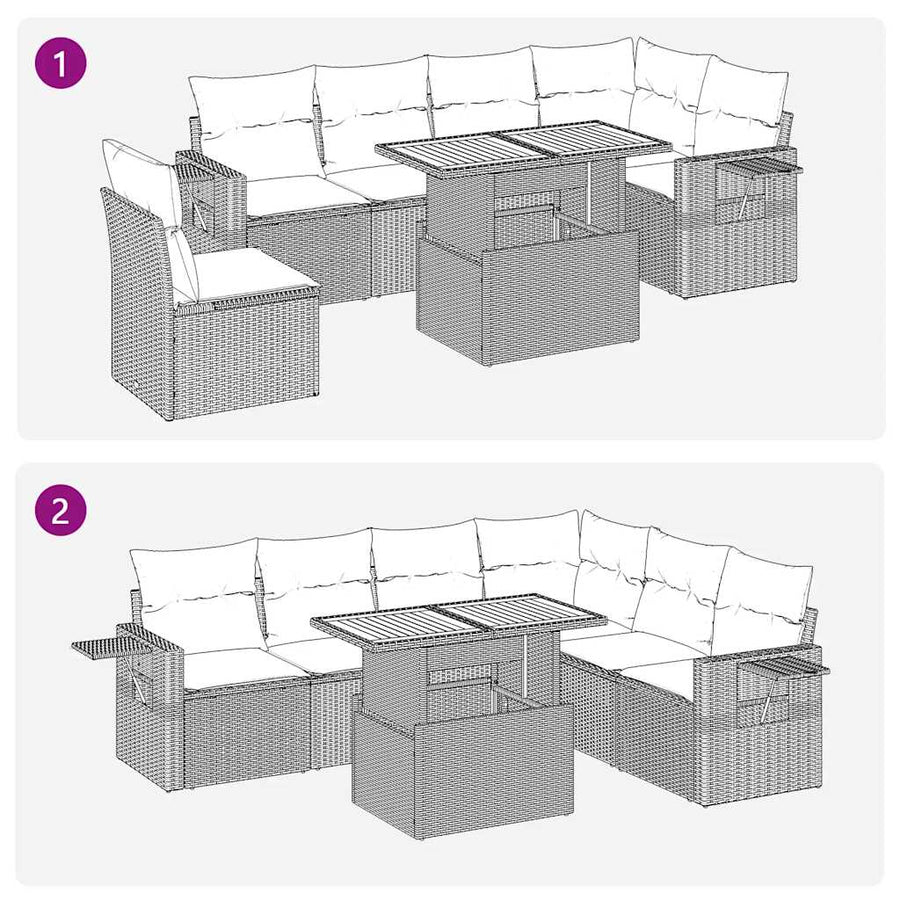 7-delige Loungeset met kussens poly rattan zwart