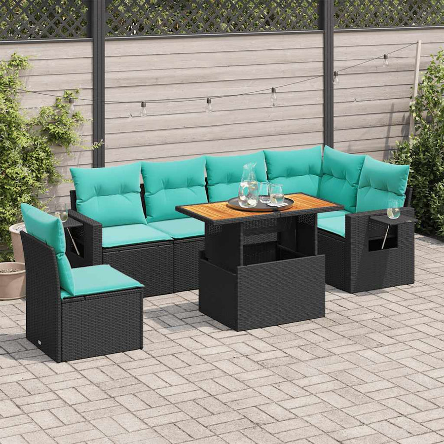 7-delige Loungeset met kussens poly rattan zwart