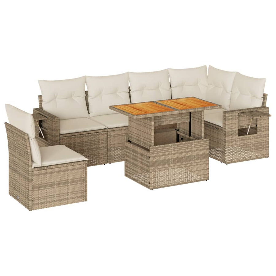 7-delige Loungeset met kussens poly rattan beige