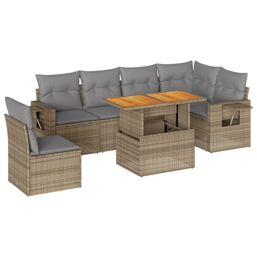 7-delige Loungeset met kussens poly rattan beige