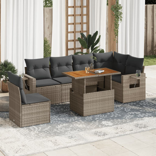 7-delige Loungeset met kussens poly rattan grijs